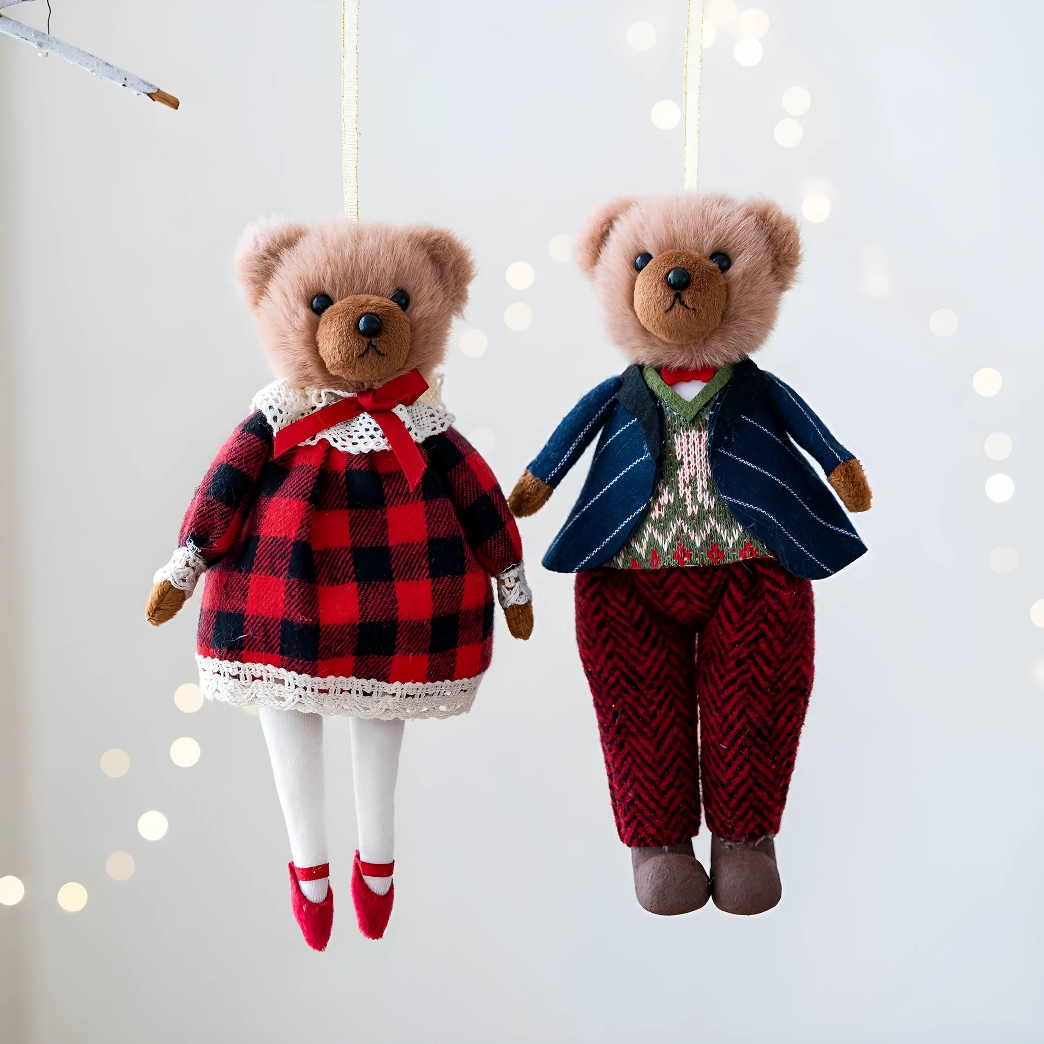 Cartoon-style plush bear doll couple set with princess and gentleman bears wearing cloth cotton plaid outfits