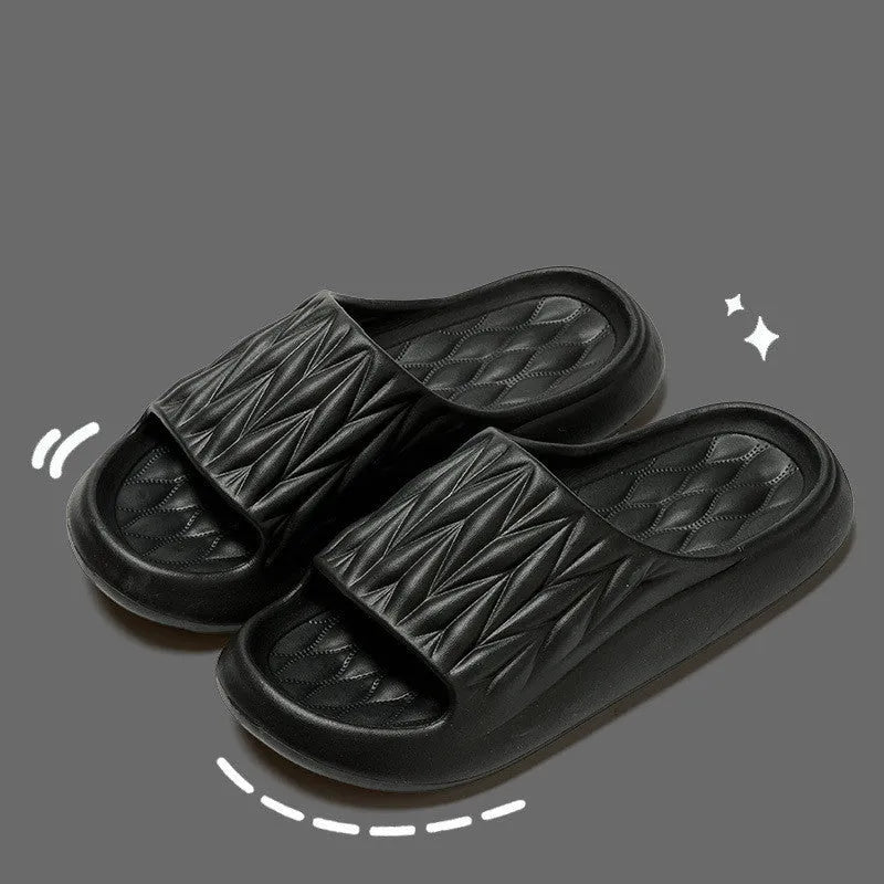 Leaf texture design EVA slippers in multiple colours on a white background.