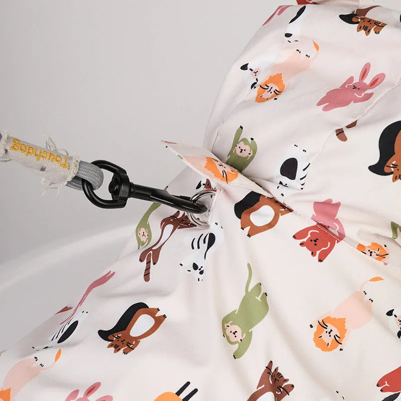 Cartoon dog raincoat with waterproof coating in beige patterns available in multiple sizes