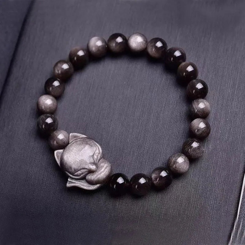 Obsidian Fox single ring bracelet with 8mm polished obsidian beads and fox charm