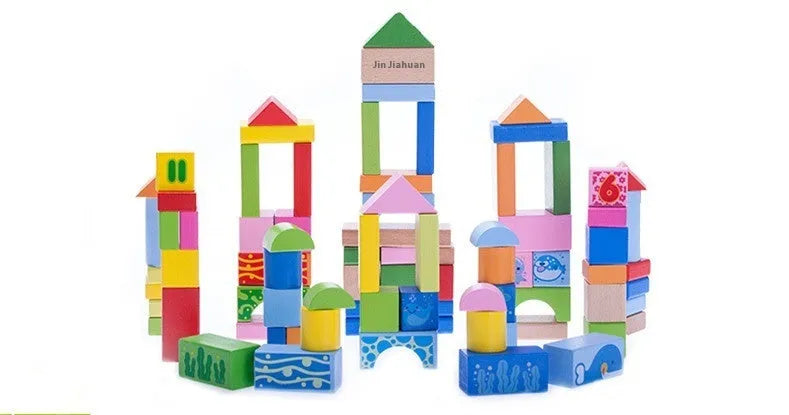 Ocean 100 puzzle blocks made of beech and maple wood in a paper tube with marine life designs