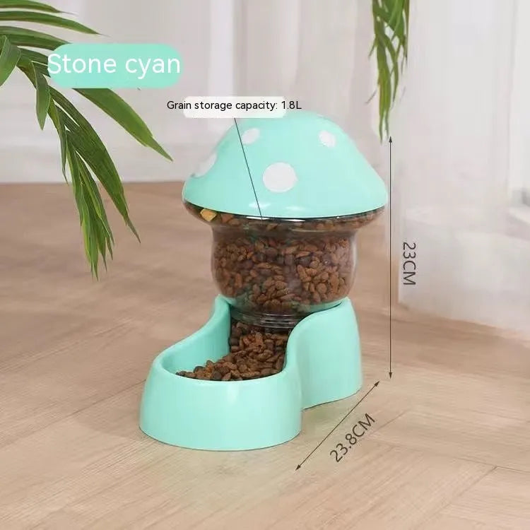 Blue mushroom-shaped automatic pet feeder with dual compartments for water and dry food, made from food-grade PP