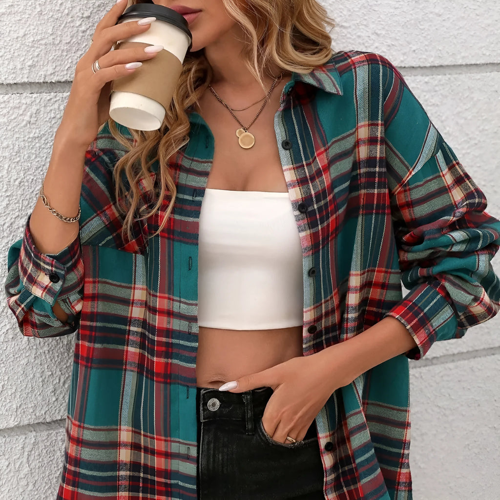 Women's loose fit cotton plaid shirt with retro styling in three colour options