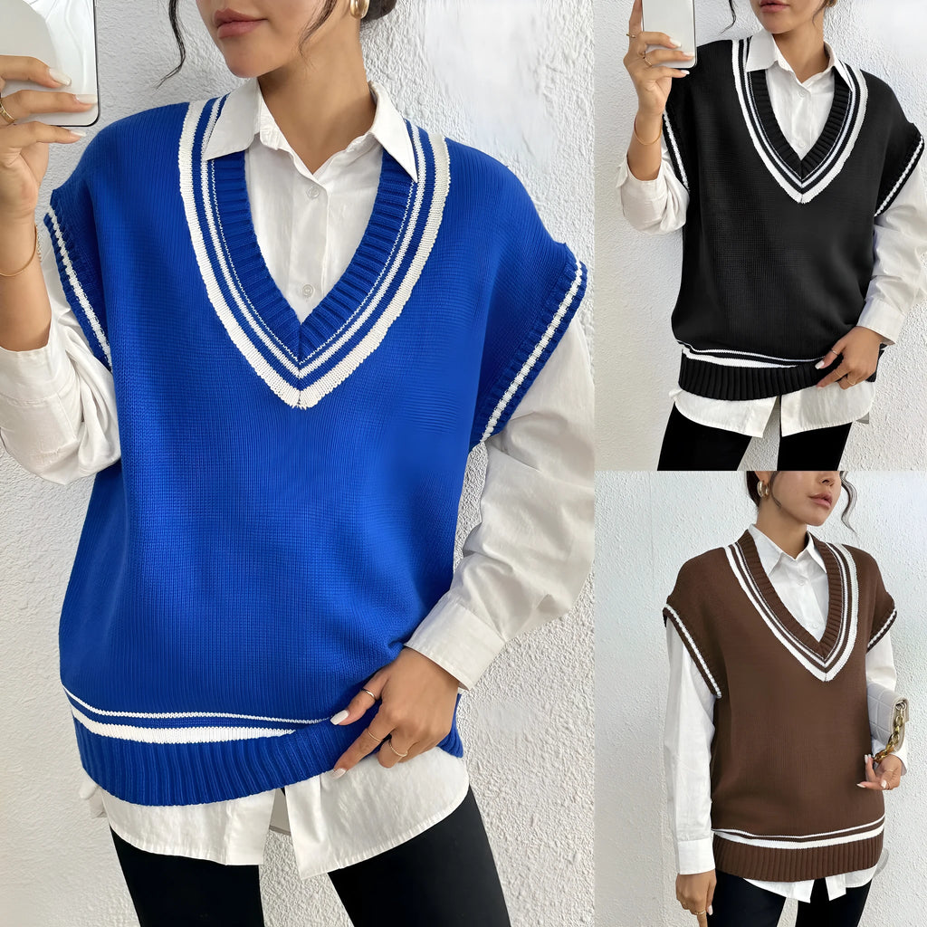 Women's college style acrylic blend sweater vest in loose pullover design