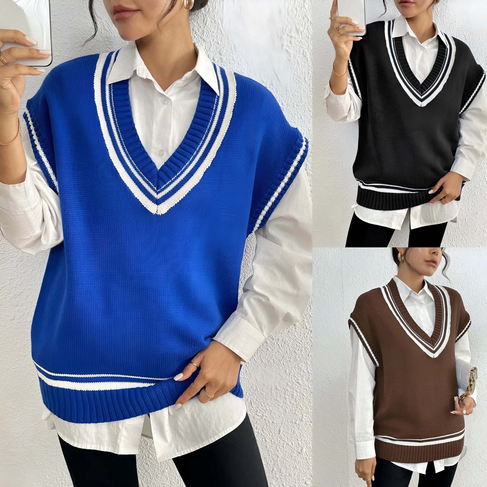 Women's college style acrylic blend sweater vest in loose pullover design