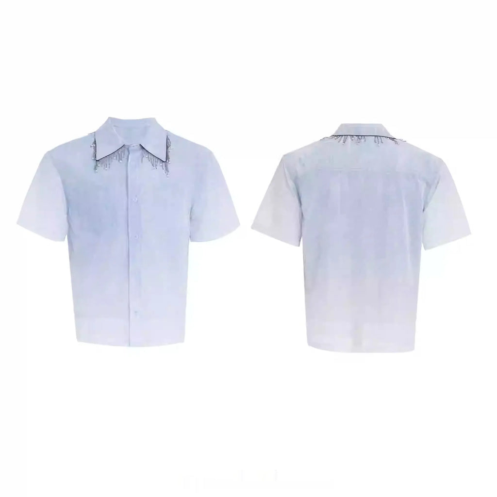 Blue to white gradient loose-fit short sleeve polyester shirt on a hanger.