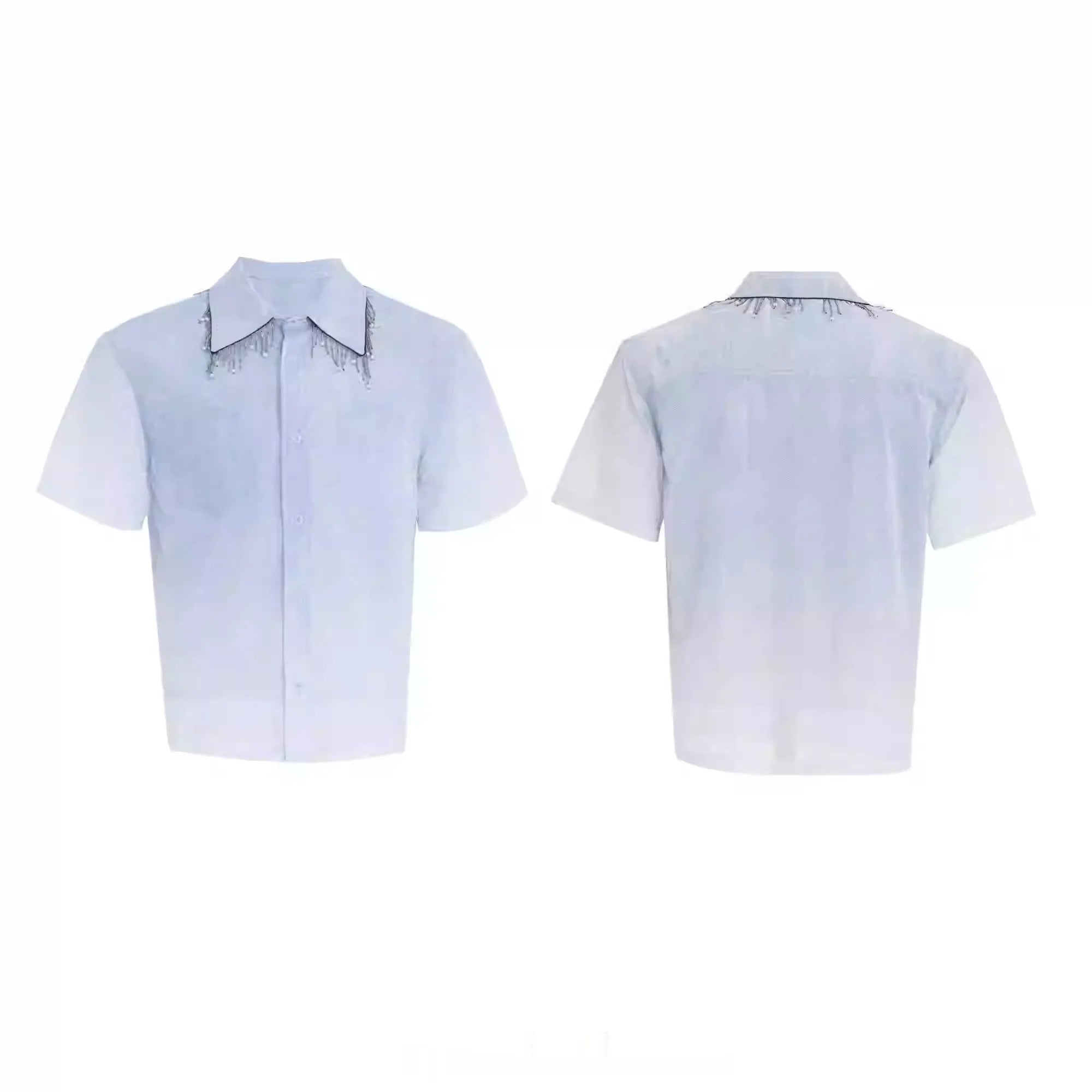Blue to white gradient loose-fit short sleeve polyester shirt on a hanger.