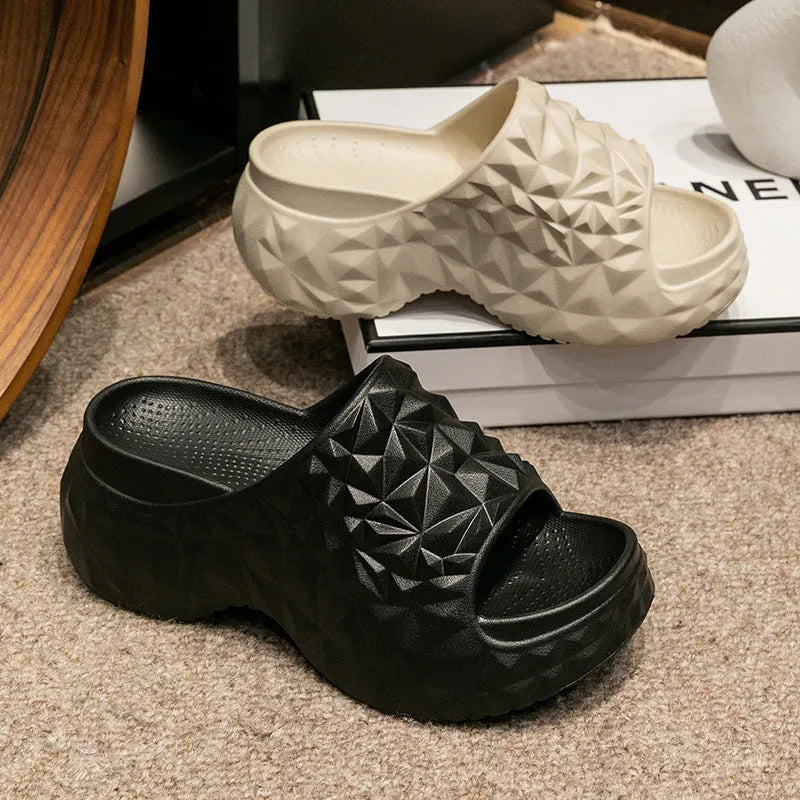 Women's Eva flip flop slippers with a thick sole in khaki, black, or white.