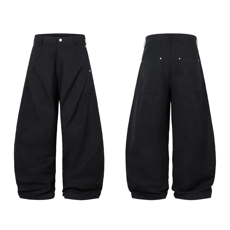 Men's black pleated casual trousers with wide-leg loose-fitting design in cotton fabric