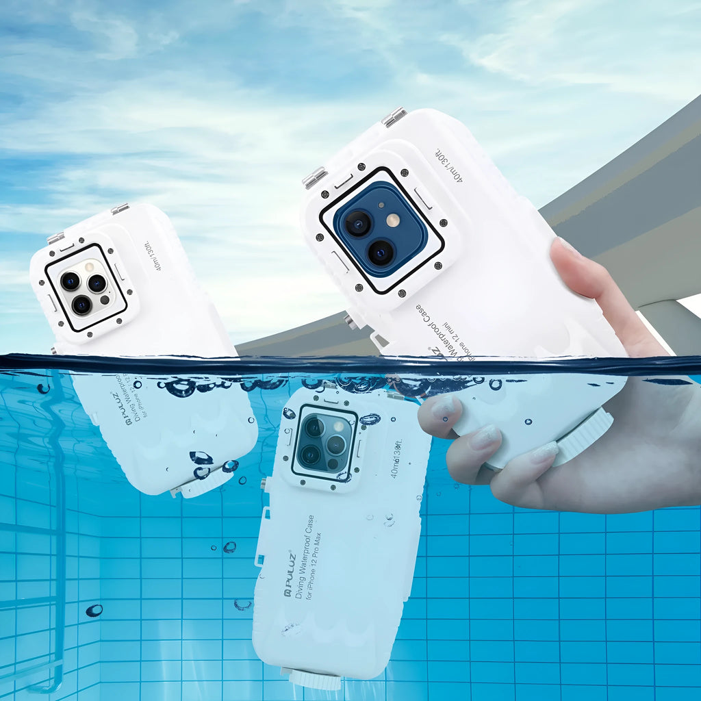 White waterproof diving case for iPhone 12 and 13 series, 40m depth, ABS and PC, clear glass front, rotating cover.