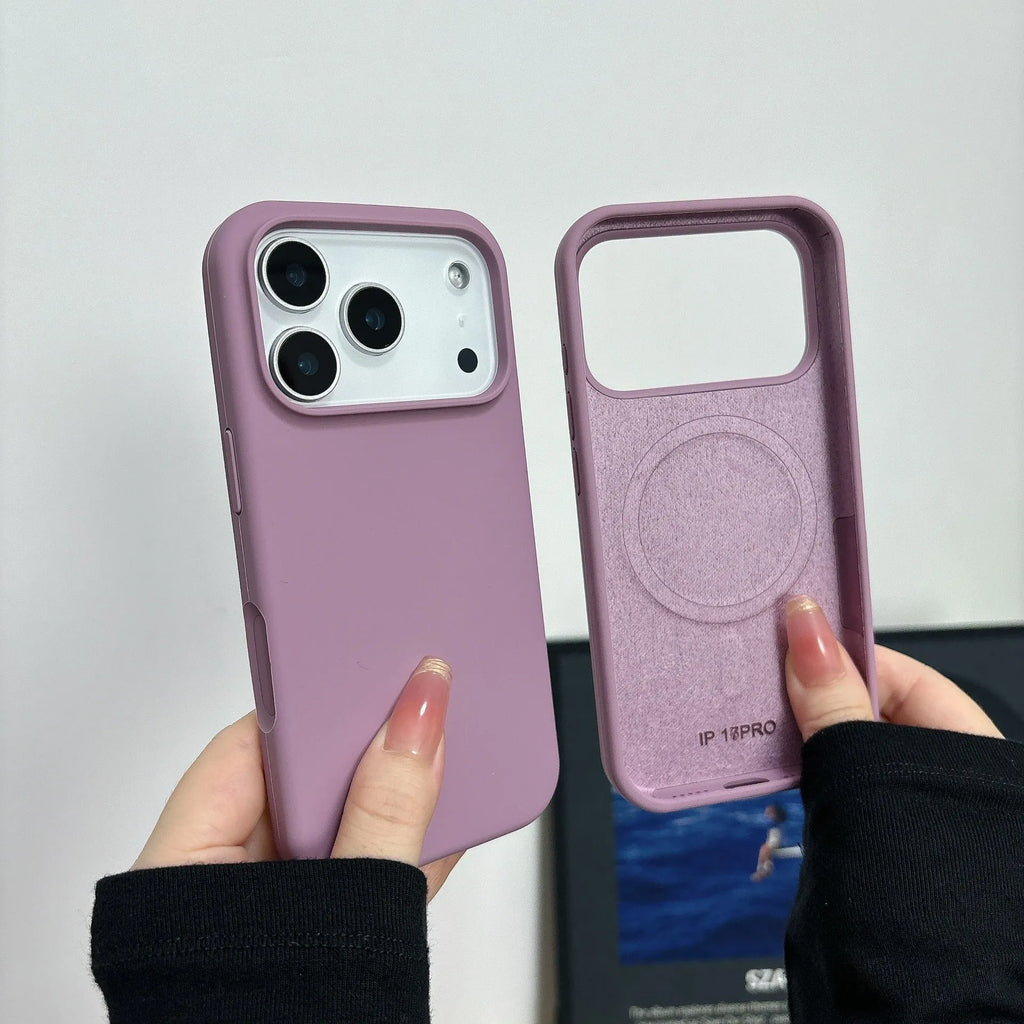 Liquid silicone iPhone case with integrated magnetic charging port, shown in Antique White colour.