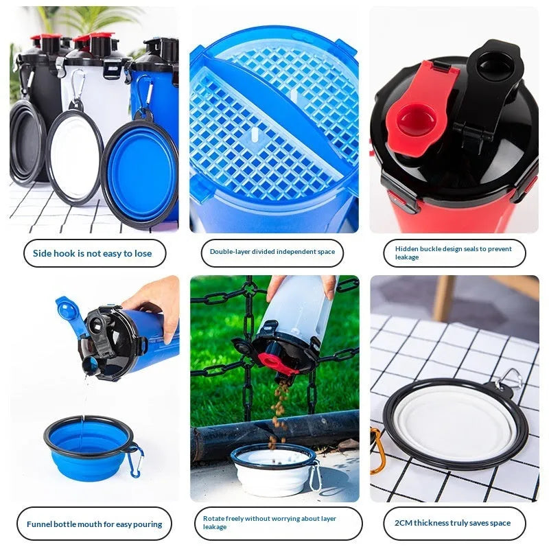 Portable foldable plastic pet dog water cup and bowl set with hanging clip, in black and blue, on a white background.