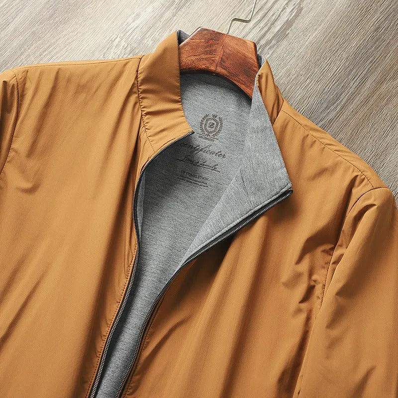 Men's stand collar casual jacket in Army Green, shown on a model, regular fit.