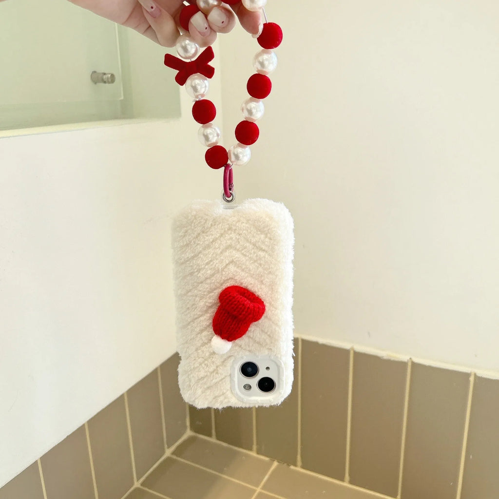 Red silicone phone case with plush Christmas hat bracelet for iPhone 14 Pro Max