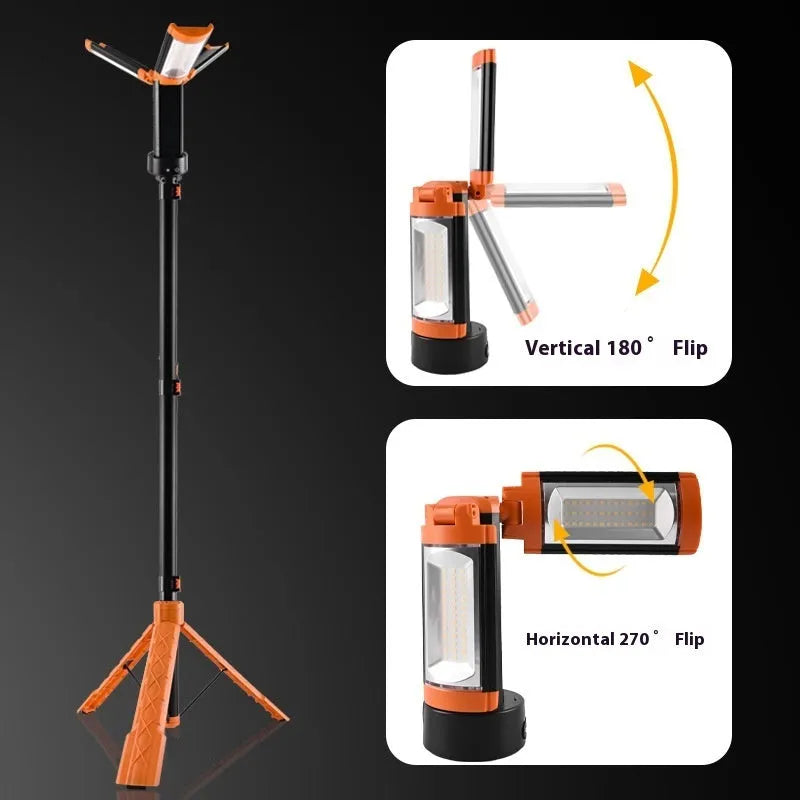Retractable folding charging camping lantern in black and orange with bracket, measuring 58.2cm x 20cm x 9.4cm.