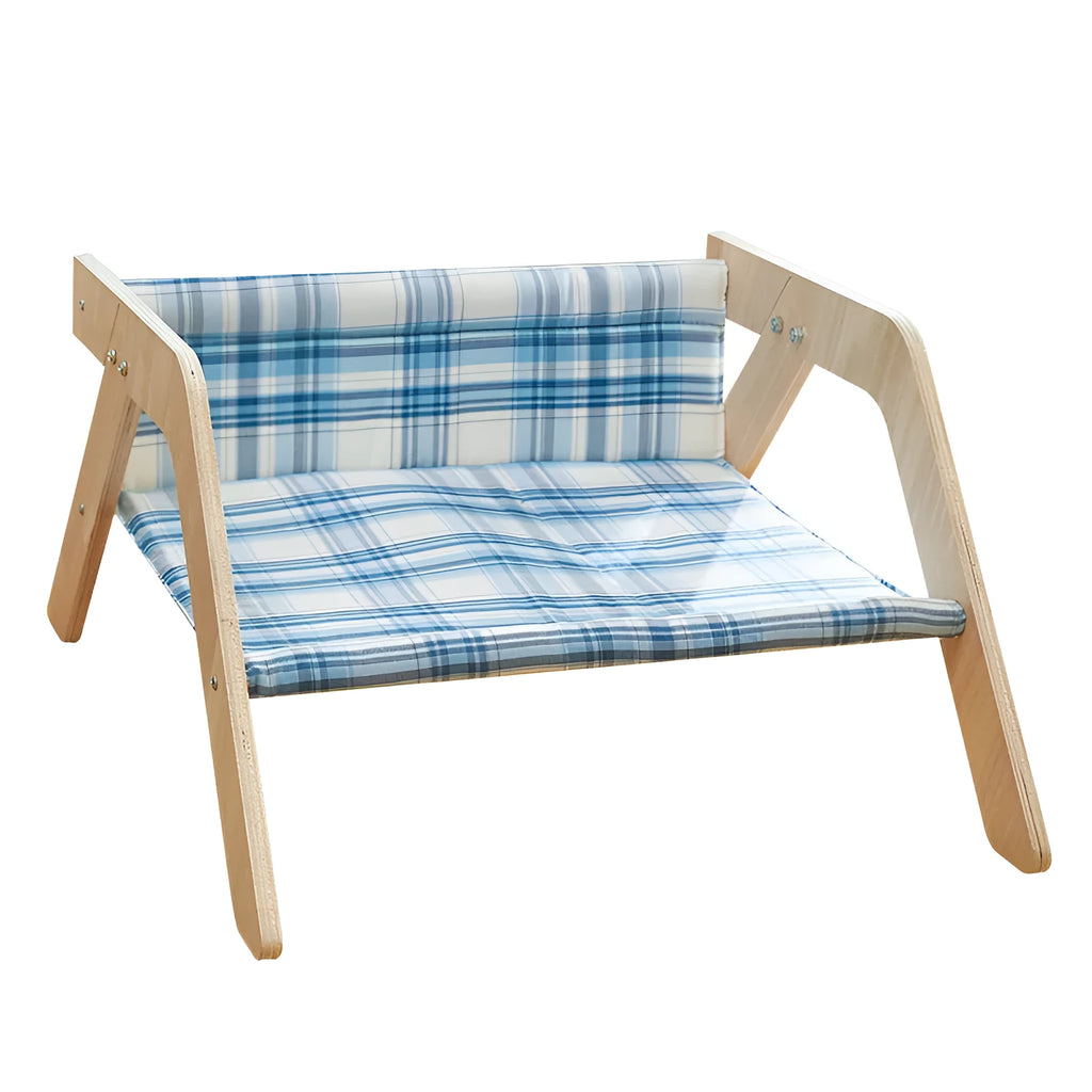 Wooden elevated cat beach chair bed with cloth hammock in green or blue colour options