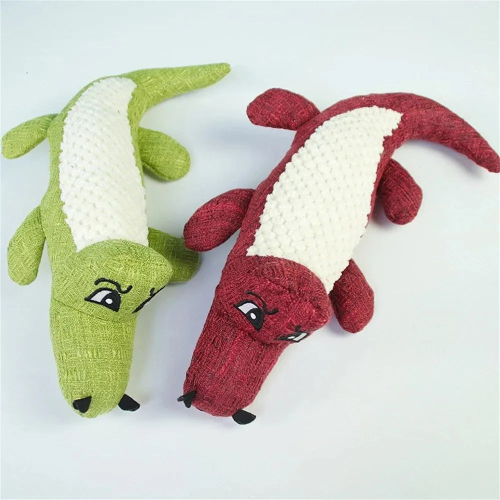 Plush squeaky dog toy in blue with linen fabric, 29cm length, on white background