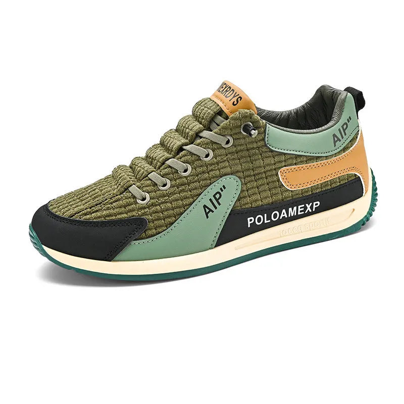 Men's grey and green mesh sports trainers with lace-up front and round toe.