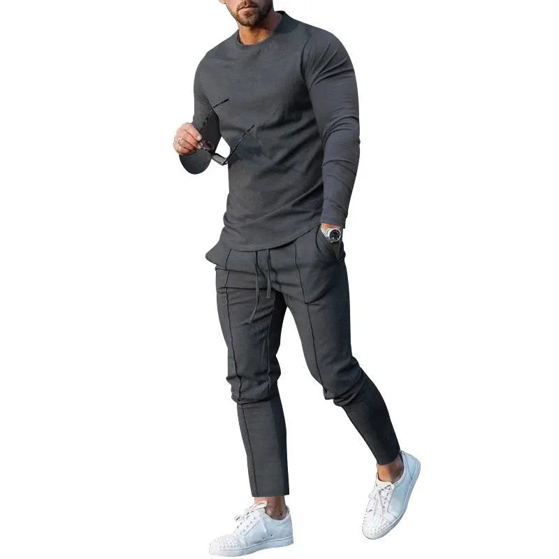 Men's light grey round-neck long sleeve t-shirt and trousers two-piece polyester suit set