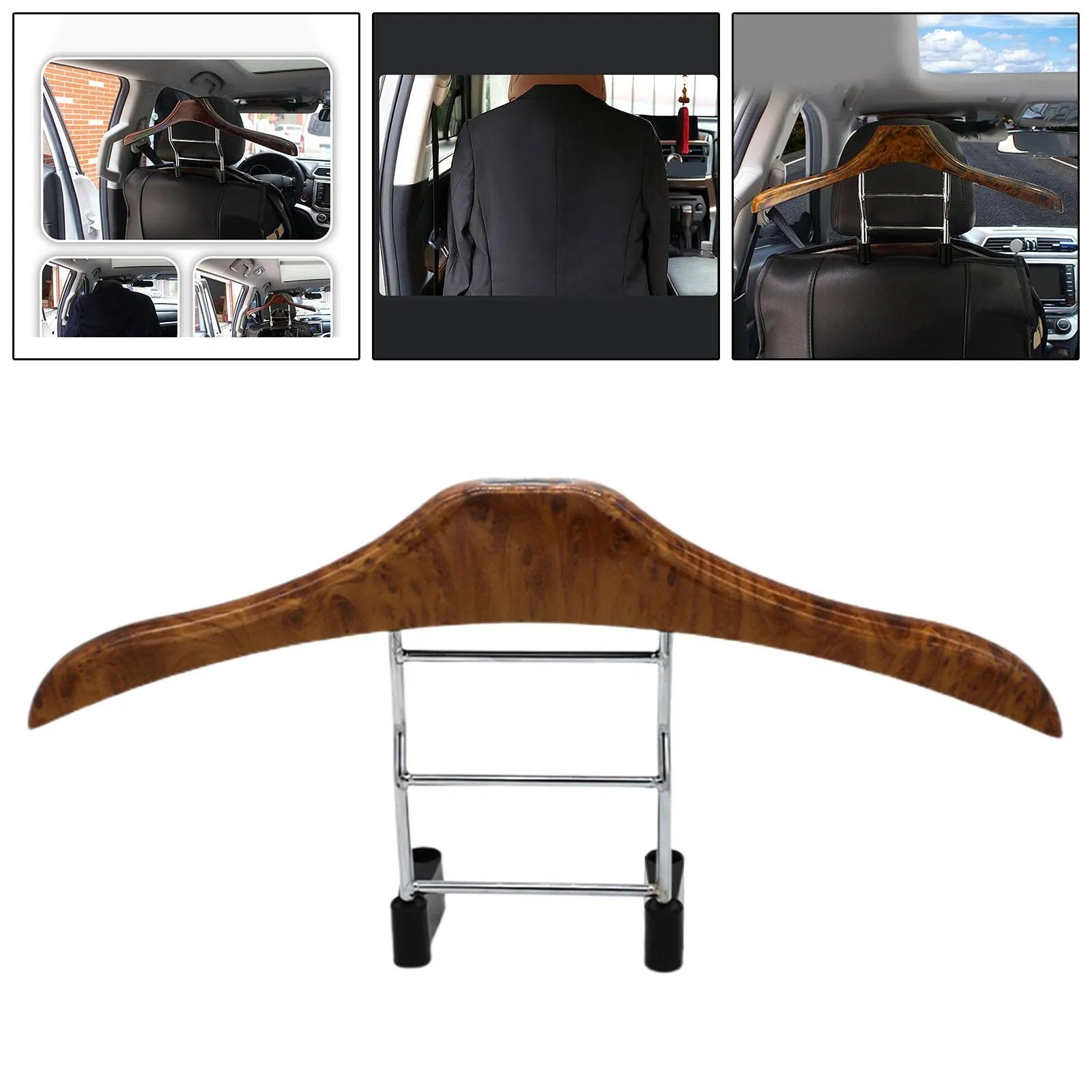 Wood yellow stainless steel car clothes hanger with chair back mounting for suits and uniforms