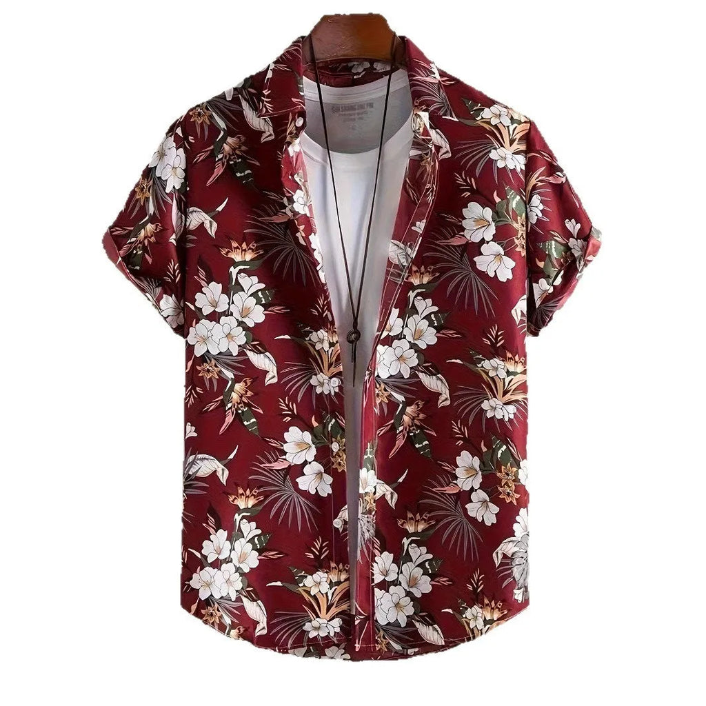 Man wearing loose fit floral print short sleeve shirt with cardigan style