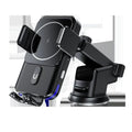 Black car wireless charger phone holder with 15W charging mounted on dashboard