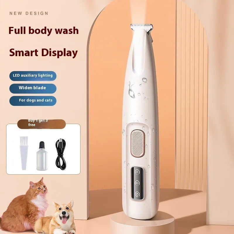 White waterproof dog paw trimmer with LED light and LED display, 18mm widened stainless steel blade, cordless rechargeable pet hair clipper