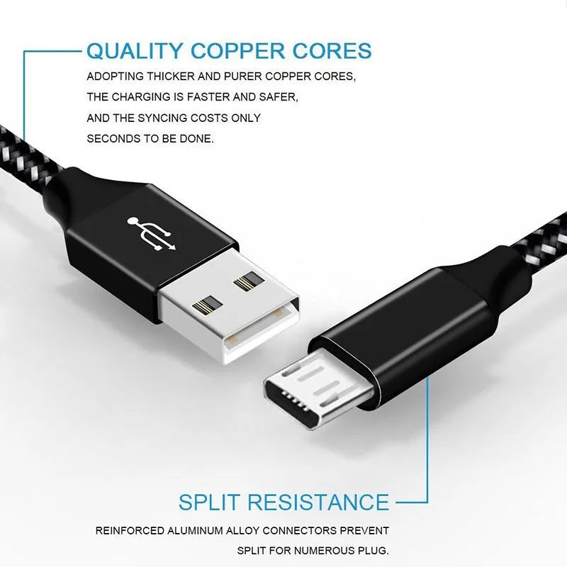 Braided fast-charging Micro USB data cable for Android phones in multiple colours and lengths.