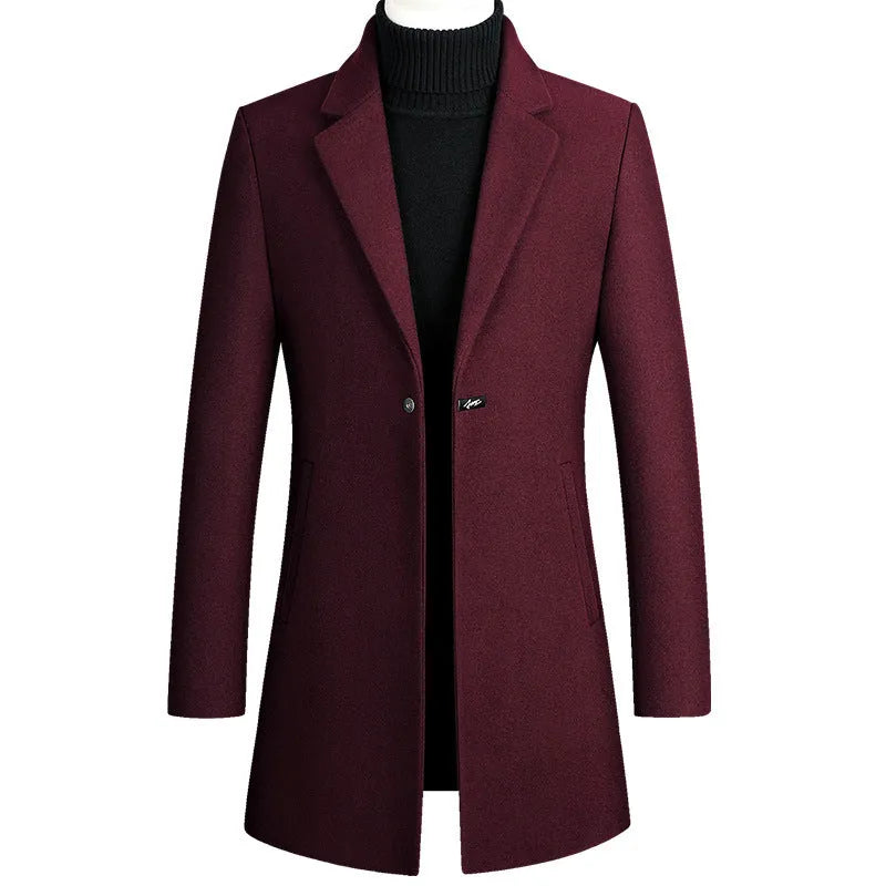 Korean style long woolen trench coat, single button, straight hem, no belt, available in five colours.