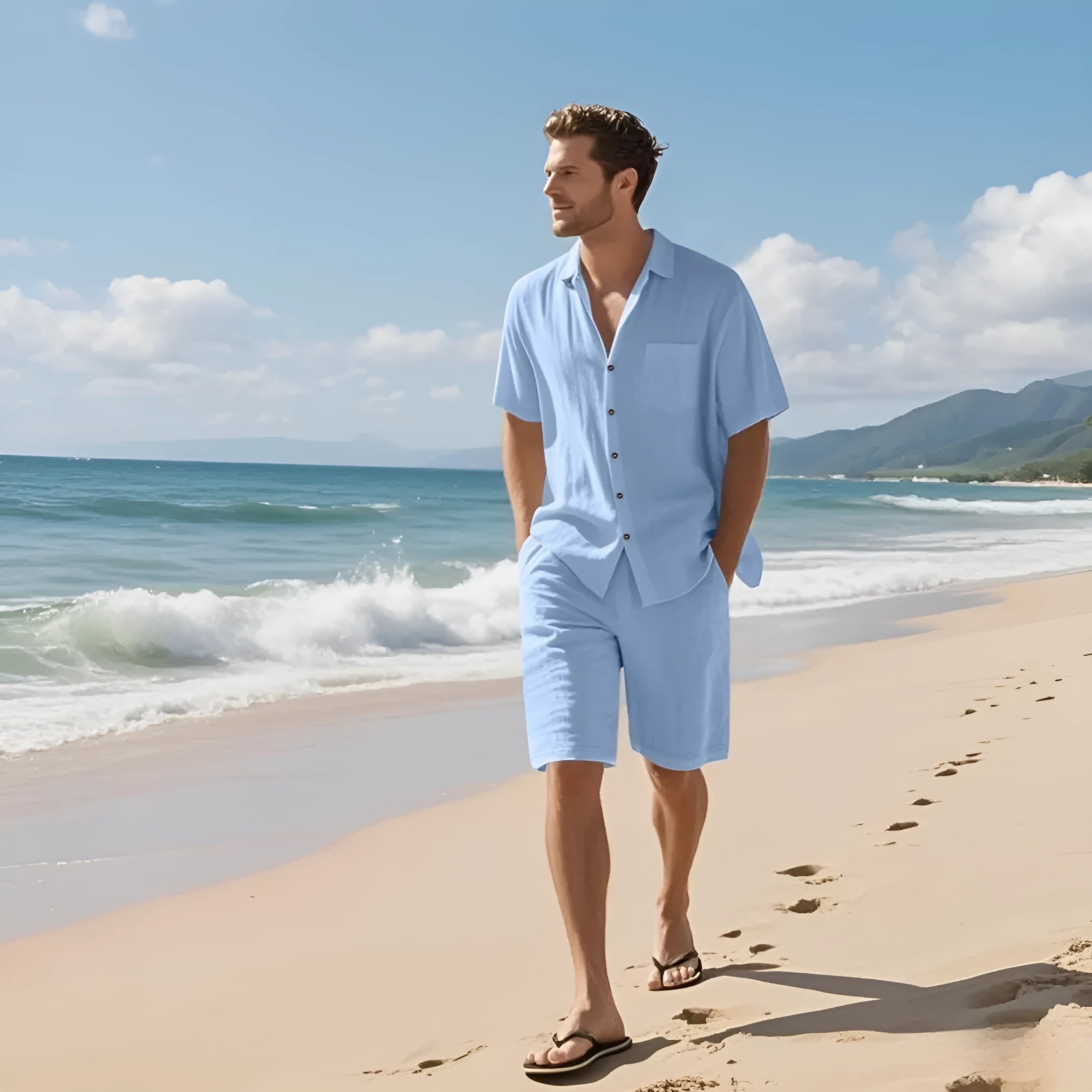 Men's light blue linen short sleeve shirt and matching shorts set laid flat.