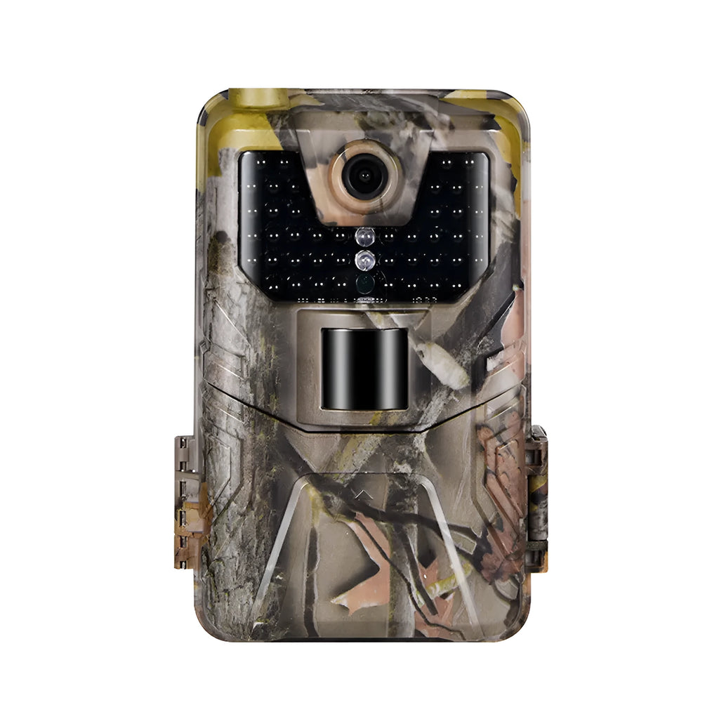 Camouflage trail camera with LCD screen showing a night-time infrared image of a deer.