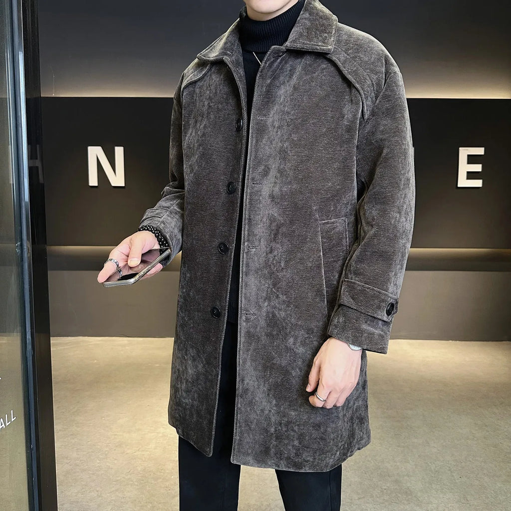 Long brown chenille cotton wool coat thickened windproof jacket with polyester lining, regular fit, front view