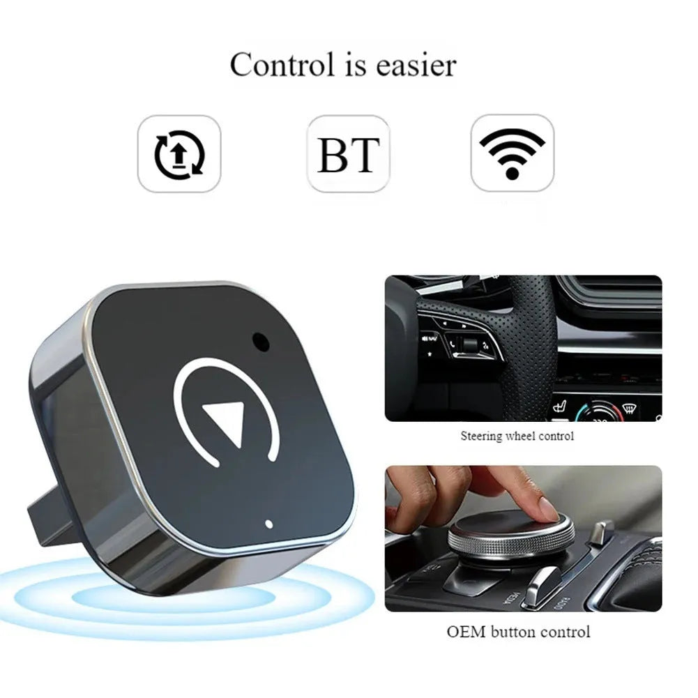 Black wired-to-wireless CarPlay box with USB adapter made from ABS and PC materials