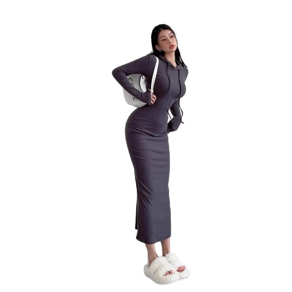 Women's grey hooded long sleeve sheath dress with high waist and over the knee length.