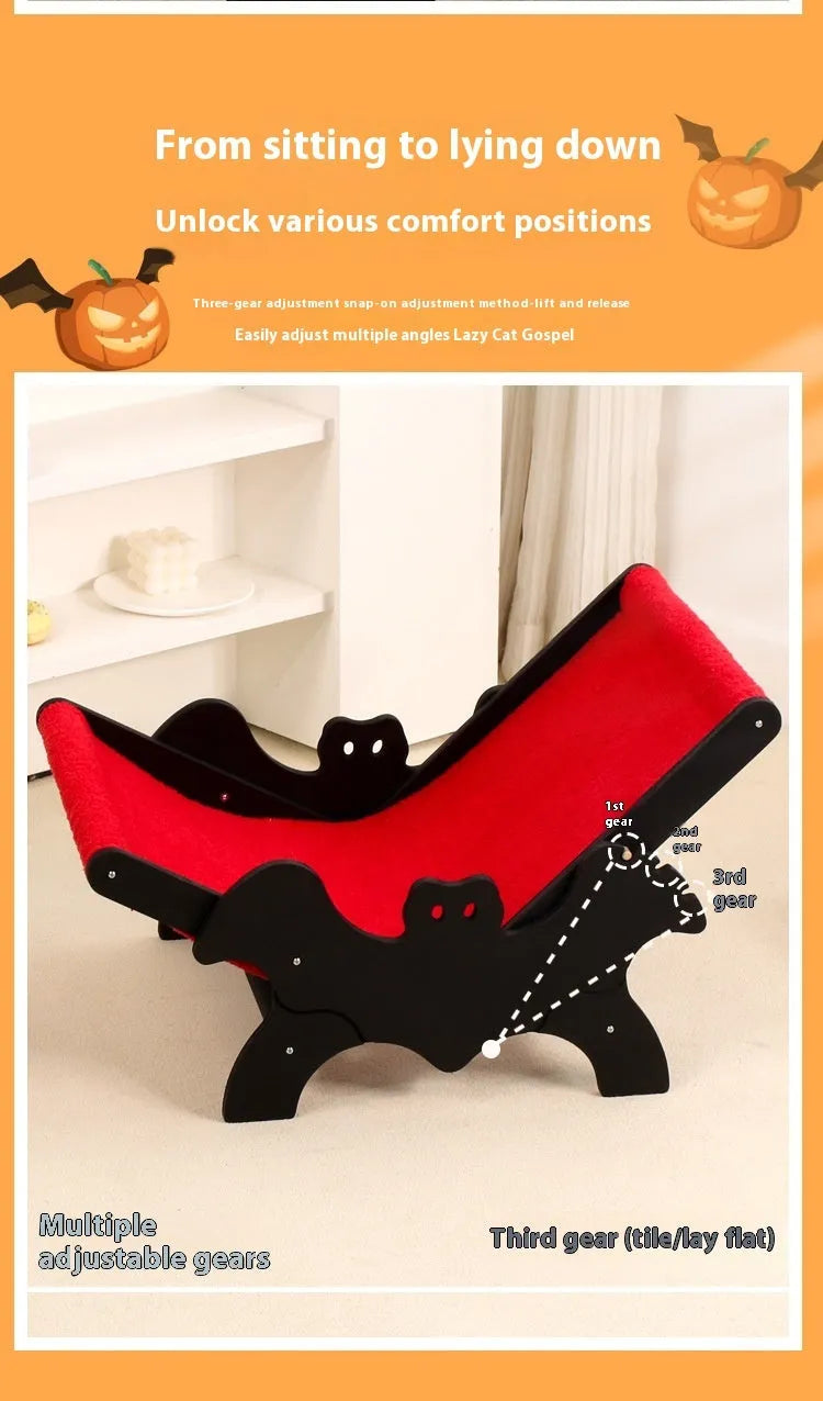 Black and red Halloween themed wooden cat recliner bed with bat decorations