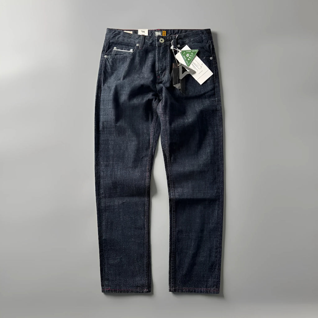 Men's primary colour straight-leg denim jeans with a mid-waist retro style on a white background.
