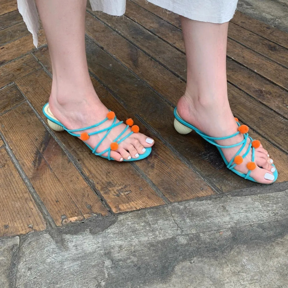 Cyan leather lace-up high-heeled sandals with open toe and thin strap design