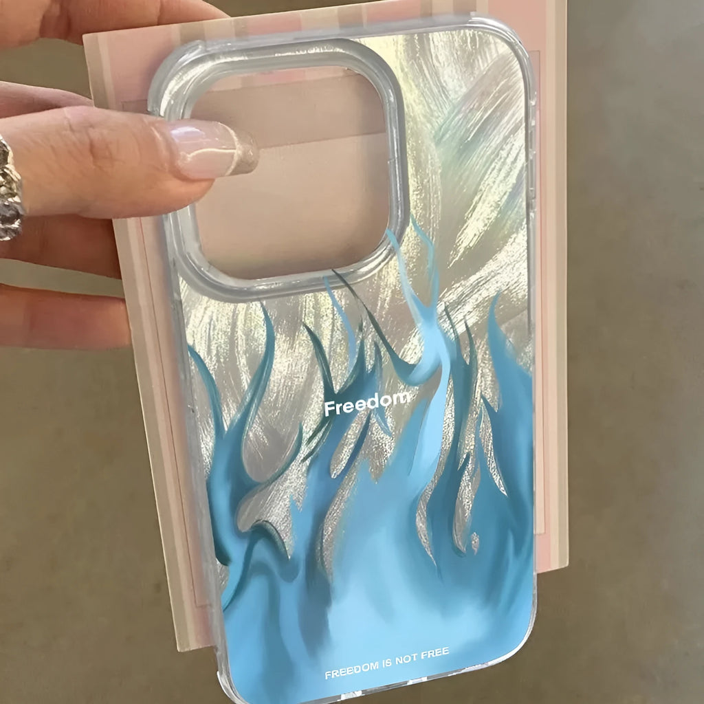 iPhone silicone protective case showing flame design in blue and red colour variations
