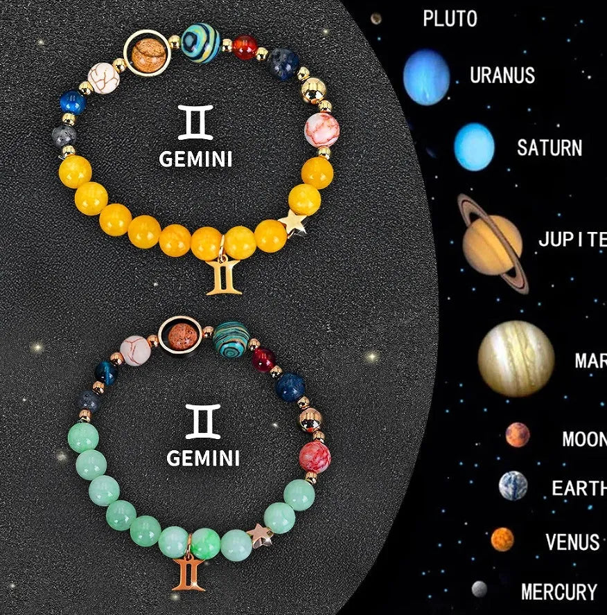 Natural stone bead zodiac bracelets on adjustable cotton cord, showing twelve astrological sign design options