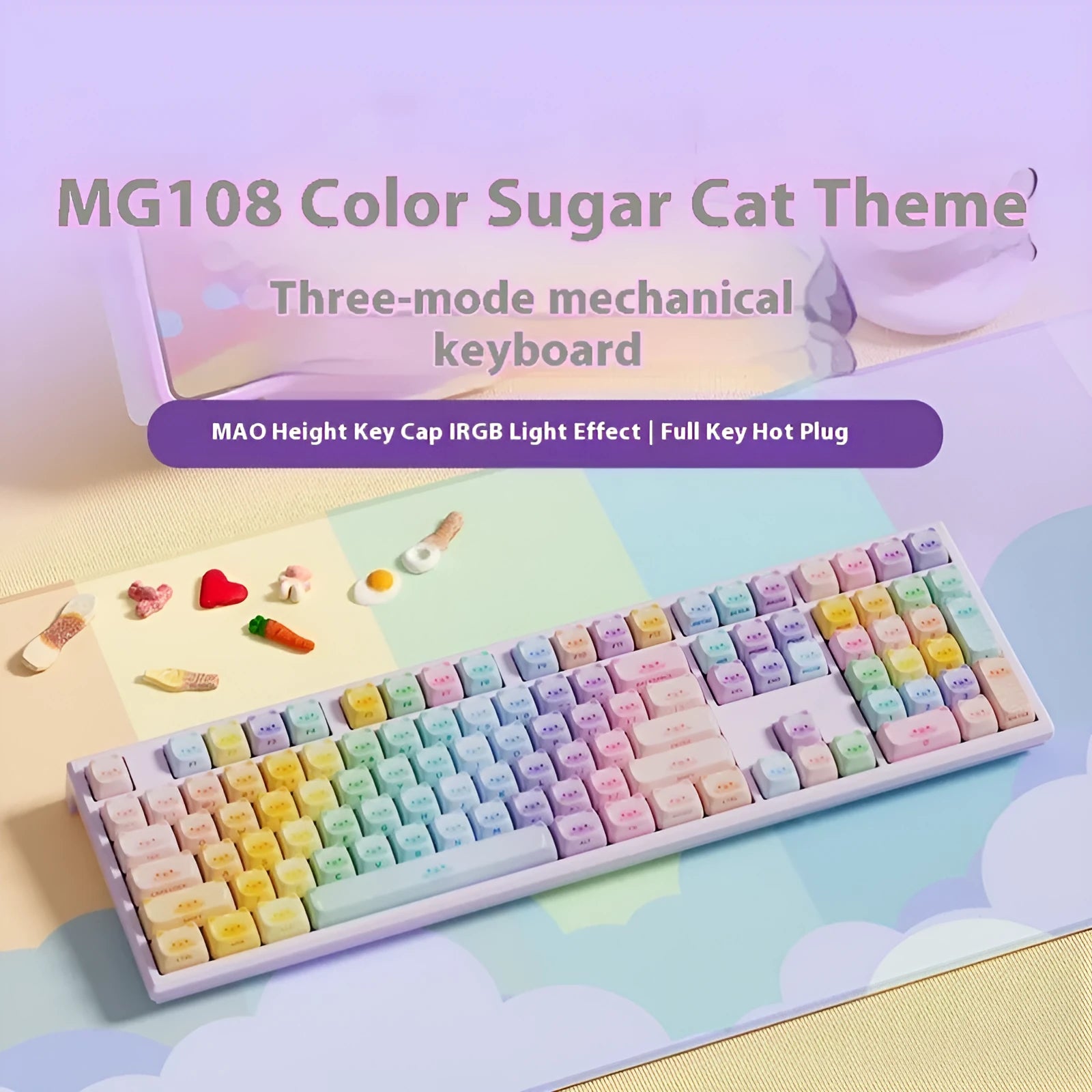 Coloured sugar cat themed wireless mechanical keyboard with piano switches