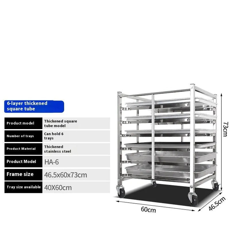 Stainless steel six-layer baking tray rack with lock feature for commercial kitchen use