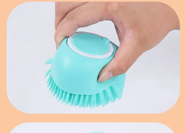 Silicone dog bath brush in blue, pink and yellow colours with soft rubber bristles and ergonomic handle