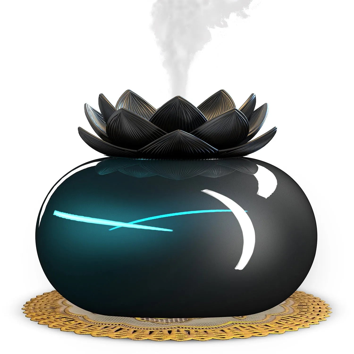 Pure black lotus-shaped aromatherapy humidifier with USB cable and ceramic mist diffusion plate