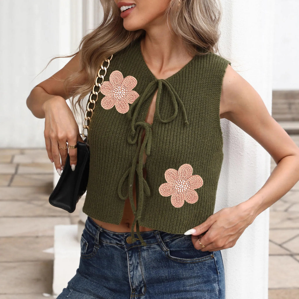 Women's sleeveless lace-up cardigan vest in deer plush polyester with bow front and floral details