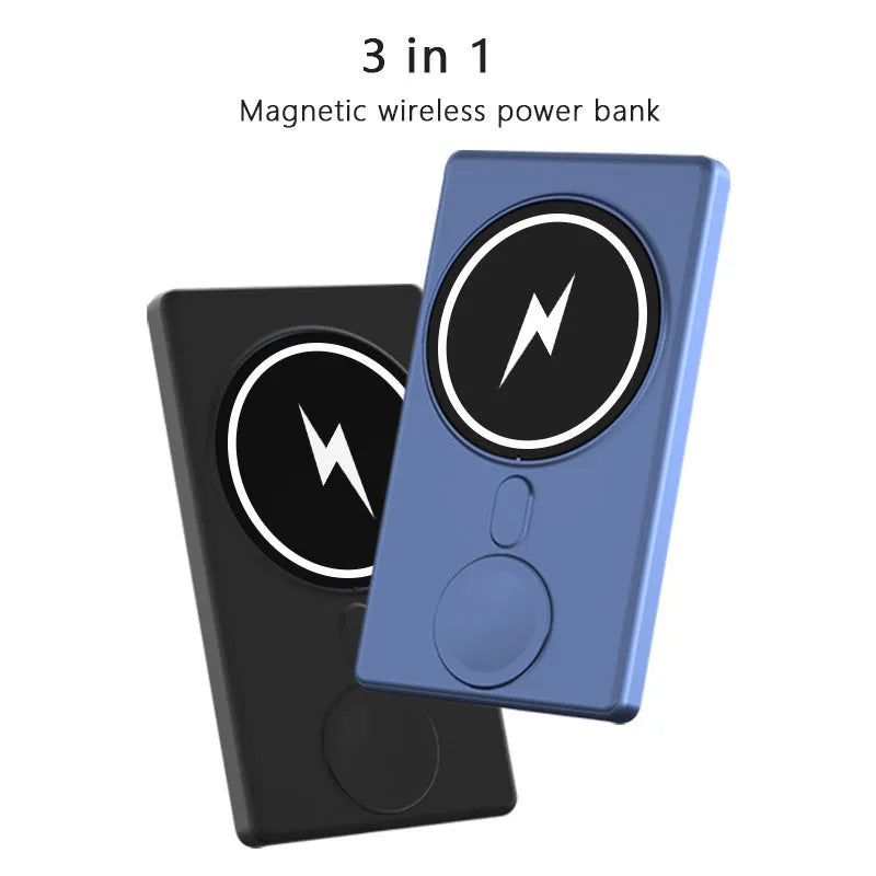 Black three-in-one magnetic wireless charging power bank with 5000mAh capacity showing wireless charging surface and output ports