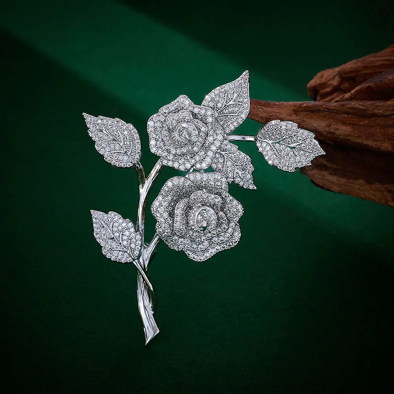 Micro inlaid zircon rose brooch with crystal rhinestone finish, two style options available