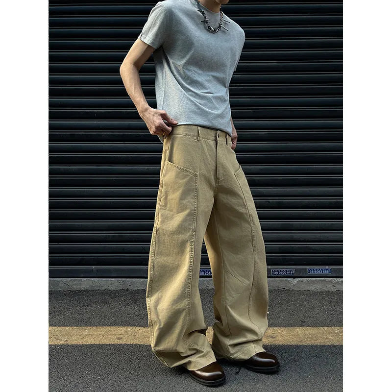 Men's straight-leg cotton trousers in solid khaki colour showing front view