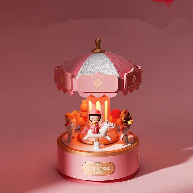 Carousel music box with ambience light showing rotating figurine and USB charging base