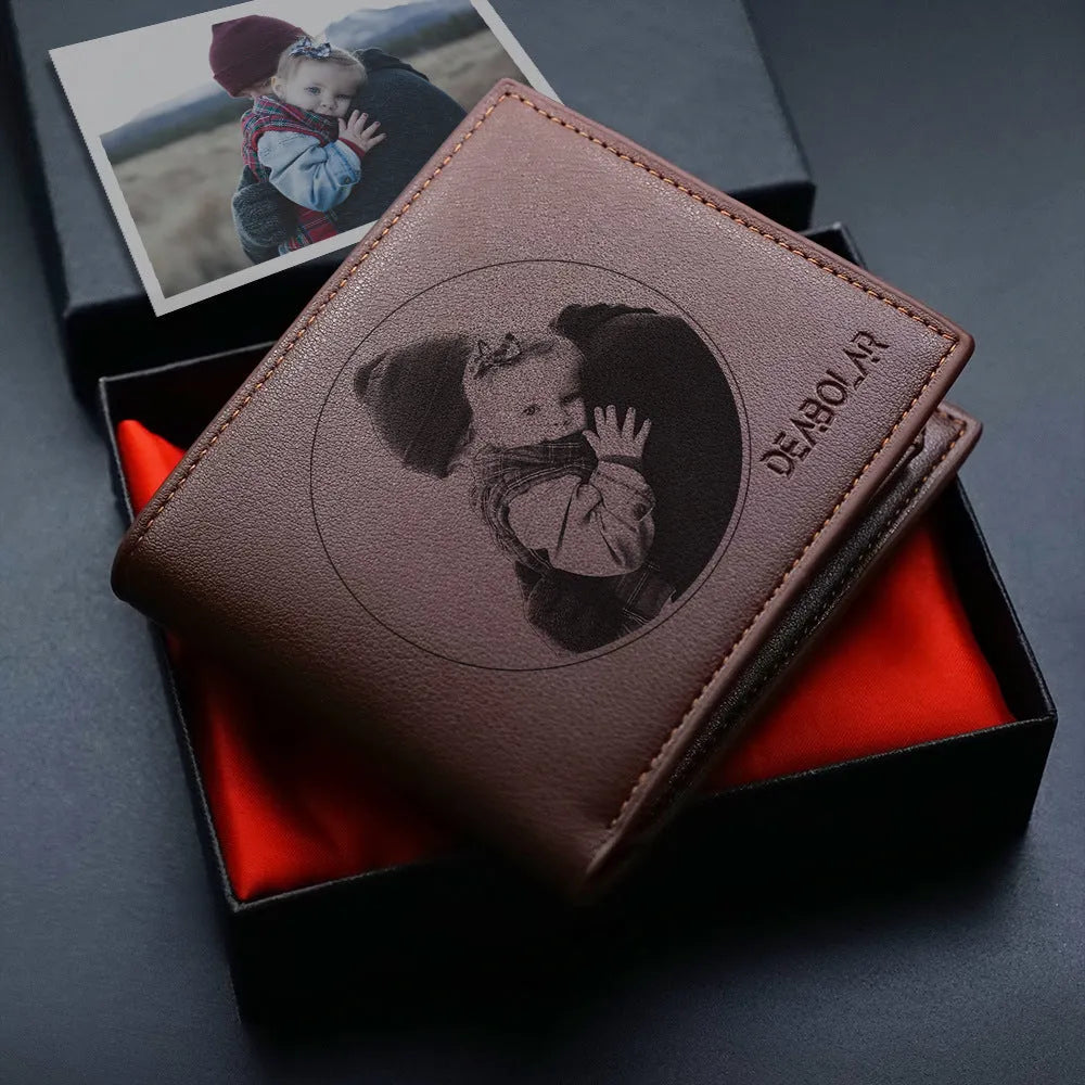 Men's classic leather zip-around wallet, presented as a gift.