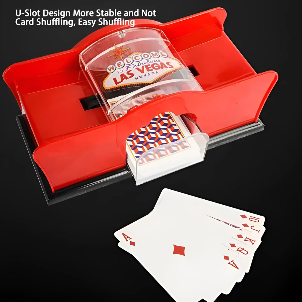 Manual card shuffler with black ABS plastic body and hand crank for poker and blackjack games